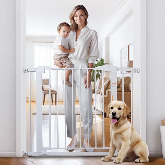 VaVaSoo 29-40 Inch Baby Gate for Doorways, Auto Close Dog Gates Indoor, Easy Walk-Thru Door for Stair, No Drilling Pressure Mounted Pet Door, Babies/Kids Safety Essentials Indoor, White
