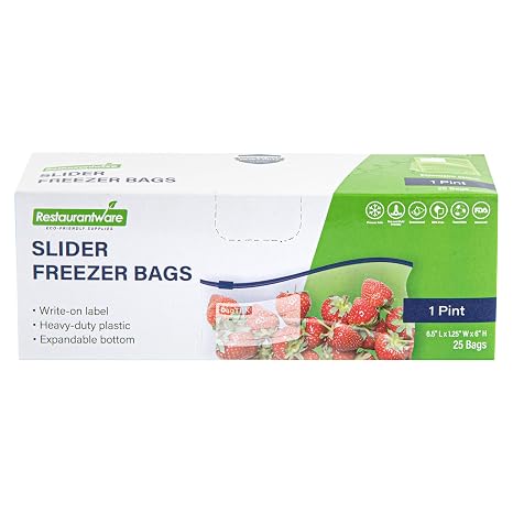 Restaurantware-Bag Tek 1 Pint Freezer Slider Bags, 25 Disposable Zipper Pouch Bags - Slide Zipper, Expandable Bottom, Clear Plastic Freezer Bag, With Write-On-Label, For Food Storage