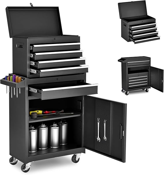 5-Drawer Rolling Tool Storage Cabinet with Detachable Top Box, Universal Lockable Wheels, Adjustable Shelf & EVA Liner Heavy-Duty Metal Tool Cart for Garage Workshop (Black)