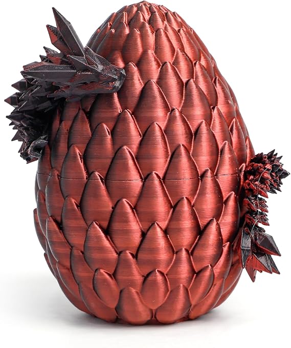 3D Printed Dragon Egg- Black and Red - Surprise Large Egg with 12" Flexible Crystal Dragon Inside, 3D Printed Gift Toy, Desk Executive Pet, Figurine Decor