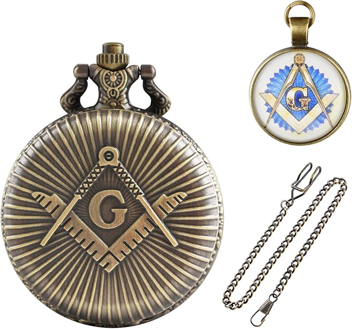 Tiong Engraved Sliver G Accessories Set,Fob Watch Fashion Sweater Quartz Pocket Watch Freemason Pendant Set