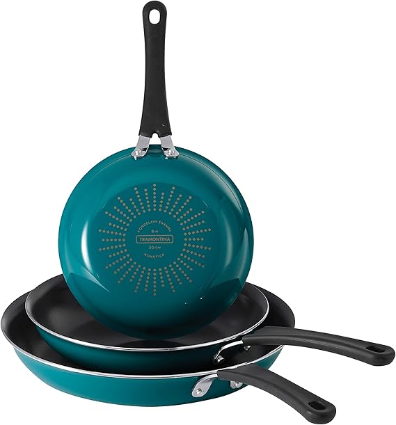 Tramontina Porcelain Enamel Non Stick 3-Pack Frying Pans | Skillet Set with Reinforced Nonstick Coating, Dishwasher and Oven Safe (Teal)