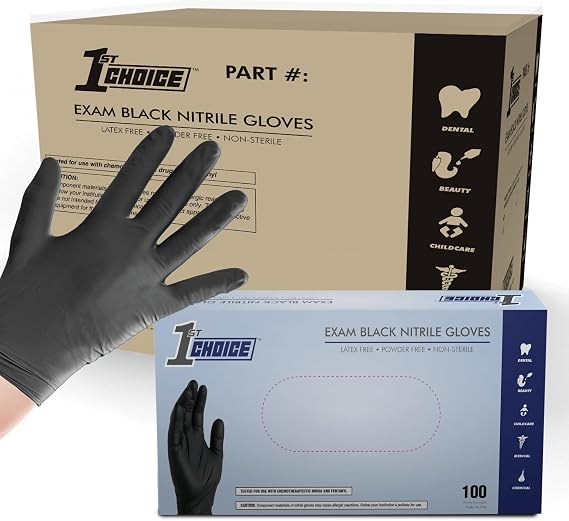 1st Choice Black 4 mil Nitrile Disposable Gloves Food Safe Medical Grade | Used Across Service Industries Including Food Prep and Handling, Commercial Cleaning, and Salons, Bulk Purchasing Options