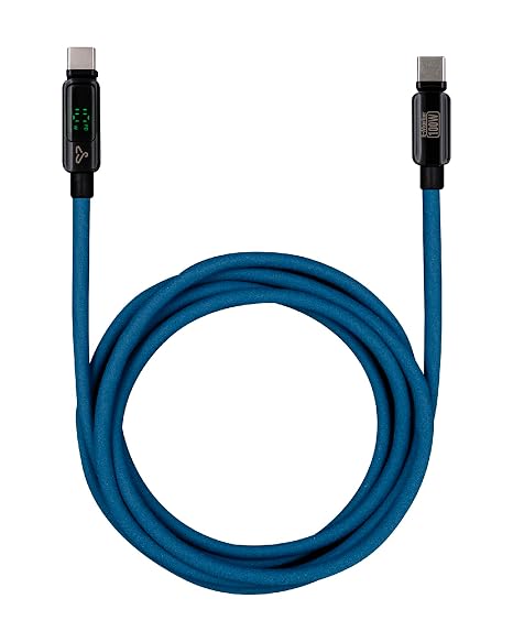 100W USB C to USB C Cable Fast Charge, 4.2ft Alcantara Braided Cable with LED Display, Compatible with iPhone 16/15 Pro/Pro Max/Plus, MacBook Pro, iPad Pro, Galaxy S24/S23, [Blue Shar-Pei]