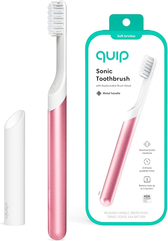 Quip Sonic Toothbrush for Adults - Timed Electric Toothbrush with Cover - Replaceable Brush Head, Soft Bristles, Metal Handle, 3 Month Battery Life - Travel Toothbrush - Pink