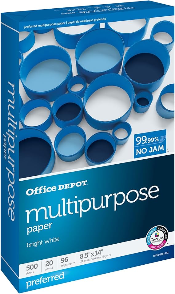 Office Depot Multi-Use Printer & Copy Paper, 1 Ream, White, Legal (8.5" x 14"), 500 Sheets Per Ream, 20 Lb, 96 Brightness