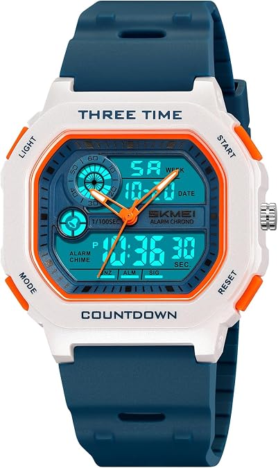 SKMEI Watches for Men,Military 5ATM Square Digital Analog Watches with 50M EL Light Chronograph Alarm 3Time Countdown TPU Strap