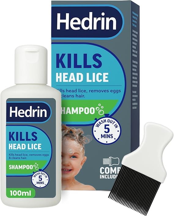 Hedrin Head Lice Shampoo and Comb Kit, Kills Head Lice and Eggs in 5 Minutes, 4 Treatments, Clinically Tested, Suitable for Adults and Children, 100ml, (Formerly All-in-One - Packaging May Vary)