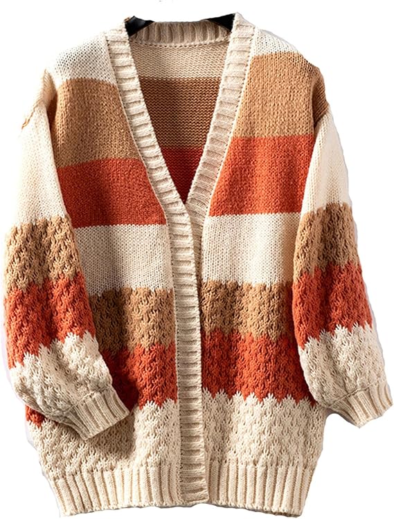 JASCLS Women's Long Sleeve Color Block Chunky Cable Knitted Oversized Sweater Cardigans for Women