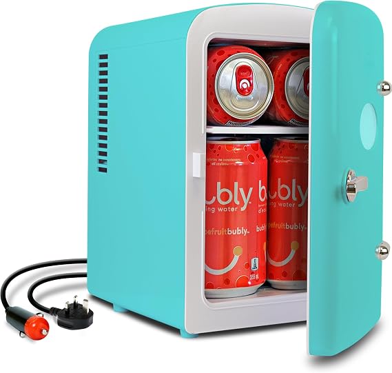 Koolatron Retro Mini Fridge For Bedrooms 12V Portable Cooler Refrigerator 4L Small 6 Can Table Top Quiet Mini Fridges For Skincare Food Drinks Kids Home Car & Travel Aqua [Energy Class A]