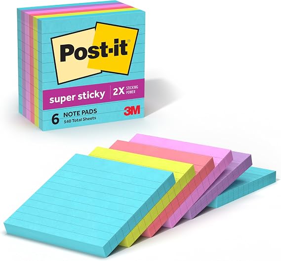 Post-it Super Sticky Notes, 4 x 4 in, Supernova Neons, 6 Lined Pads | School Supplies and Office Supplies, 2X the Sticking Power