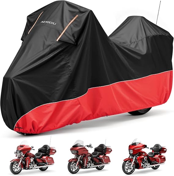 Waterproof Motorcycle Cover 420D Oxford Heavy Duty with Side Top Box Compatible with Harley Davidson Touring,Touring Ultra Limited Road King Street Glide Road Glide Electra Glide (116" x 47" x 53")