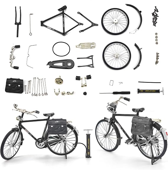 1PCS Retro Bicycle Model Ornament for Kids, 51 Pcs Simulation Mini Bike Model Scale Kit with Inflator & Briefcase, 1:10 Creative Iron Art Tabletop Ornament Toys for Gifts Home Office Decor (BLACK)