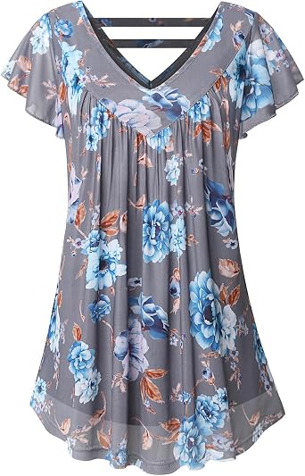 Womens Cute V Neck Ruffle Short Sleeve Floral Tunic Blouses
