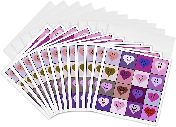 Greeting Cards - Pink happy heart squares pattern - purple and pinks smiling face hearts - cute kawaii cartoon love - 12 Pack - Romance and Love Collection