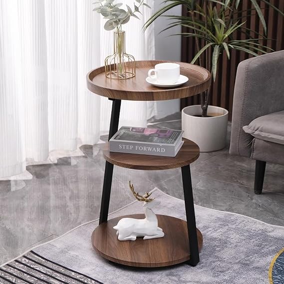 Round End Table Side Table with Metal Frame,3-Tier Accent Table Nightstand Bedside,Small Side Table with Storage Shelves for Living Room Bedroom,Walnut Black