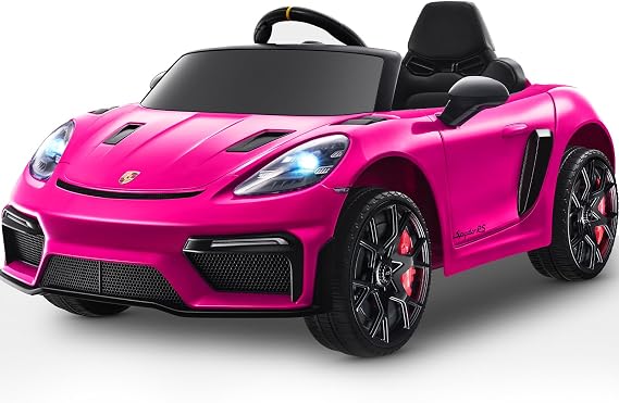 12V Ride on Car Licensed Porsche 718, Kids Electric Car with Remote Control, Front/Rear LED Light, Radio, USB/AUX, Openable Doors, Suspension Function, Durable Tires (Pink)