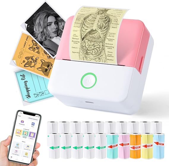 Print Pods Mini Printer, Thermal Inkless Sticker Maker with 20 Rolls Printing Paper, Pocket Printpod for phone, Impresora Portatil for Notes, Flashcards, Journal, DIY, Compatible with iOS & Android
