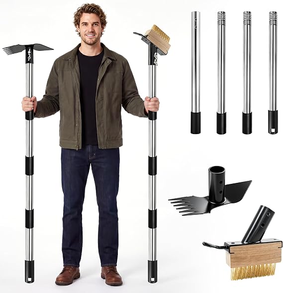 2 in 1 Weed Remover Brush and Garden Hoe, Stainless Steel Moss Remover Tool with Long Handle, Weeding Rake Gardening Tools for Yard, Lawn, Patio, Garden