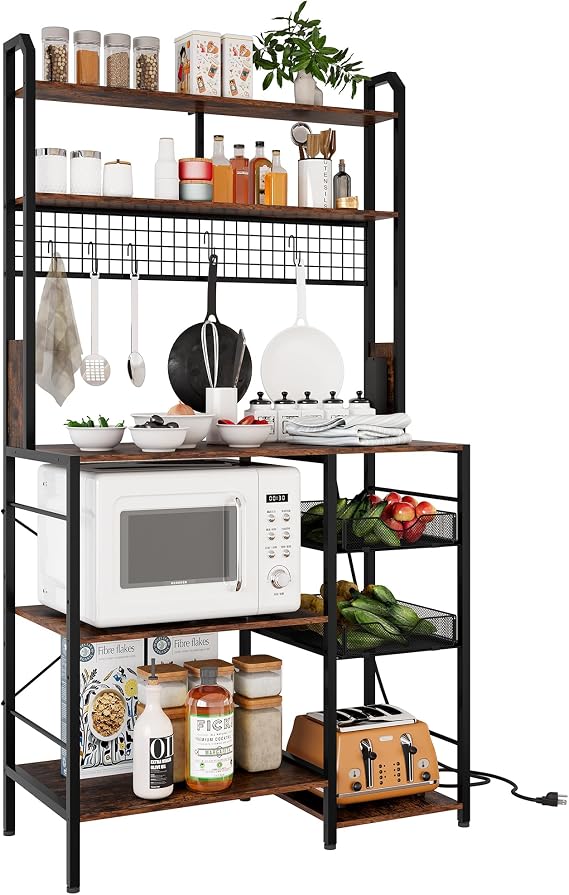 Bakers Rack with Power Outlet,Coffee Bar with Wire Basket, Kitchen Microwave Stand with S-Shaped Hooks, Open Storage Shelves