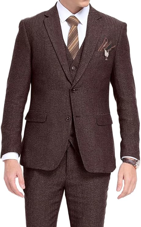 Mens Suits Herringbone Wool Tweed Suits 3 Pieces Retro Vintage Formal Tuxedos Dark Brown Suit Jacket Vest Pants XS