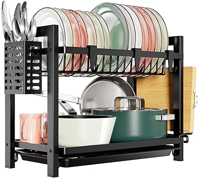 Dish Drainer Black 43.5 x 24.5 x 34.5, 2-Tier Stainless Steel, Dish Drainer with Utensil Holder and Drip Tray
