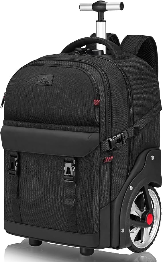MATEIN Backpack with Wheels, 17 inch Travel Rucksack on Wheel, Black | Water Resistant Anti Theft with Password Lock, Big Wheels, Laptop Business Rolling Bag Suitable for Luggage Work School