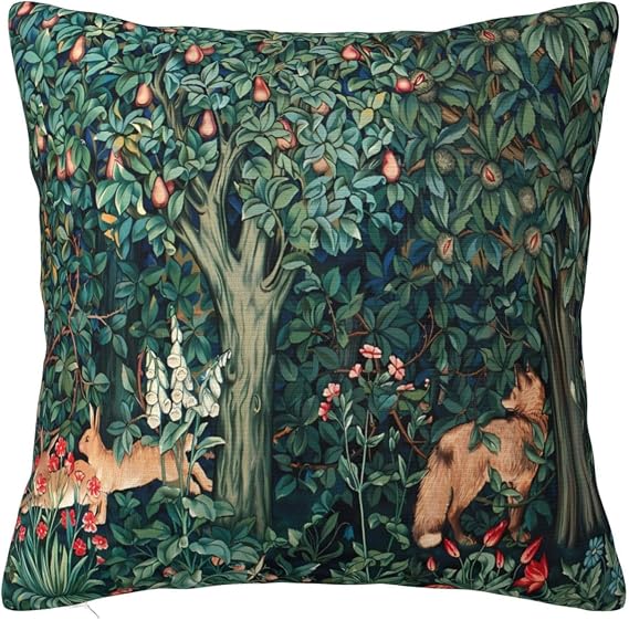 William Morris Fox Hares Blue Green Floral Forest Throw Pillow Cover Soft Decorative Throw Pillowcases Cushion Case for Home Decor Living Room Bed Couch Car 20x20 Inch