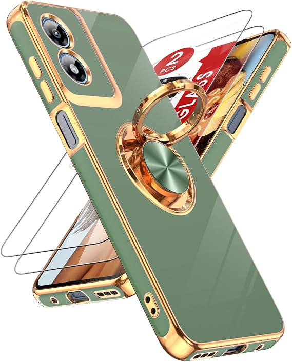 LeYi for Moto G Play 4G 2024 Case: (Not fit G 5G 2024) 2 Pack Tempered Glass Screen Protector and 360 Rotatable Ring Holder Magnetic Kickstand, Plating Rose Gold Edge Protective,Green