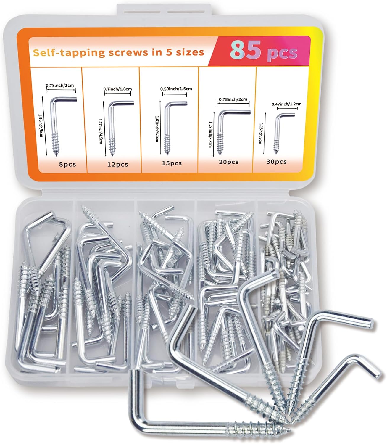 Self-Tapping Screw Hooks, 85 Pieces in 5 Sizes, Metal Storage Hooks with Organizer Case, Black