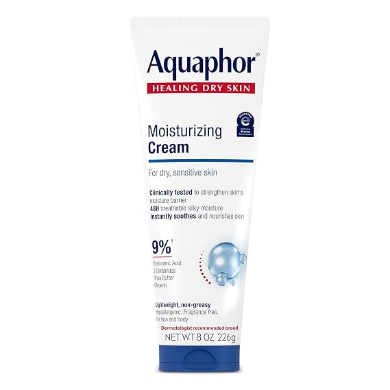 Aquaphor Moisturizing Face and Body Cream with Hyaluronic Acid, 8 OZ