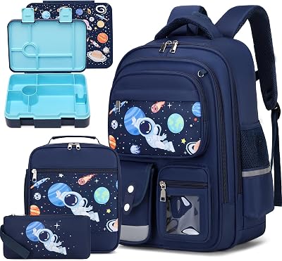 5pcs Boys Backpack Bento Lunch Box Set, Kids Backpack for School with Lunch Box Lunch Bag Pencil Case, Space Astronaut Backpack Set for Boys, Bookbag for Elementary Middle High School