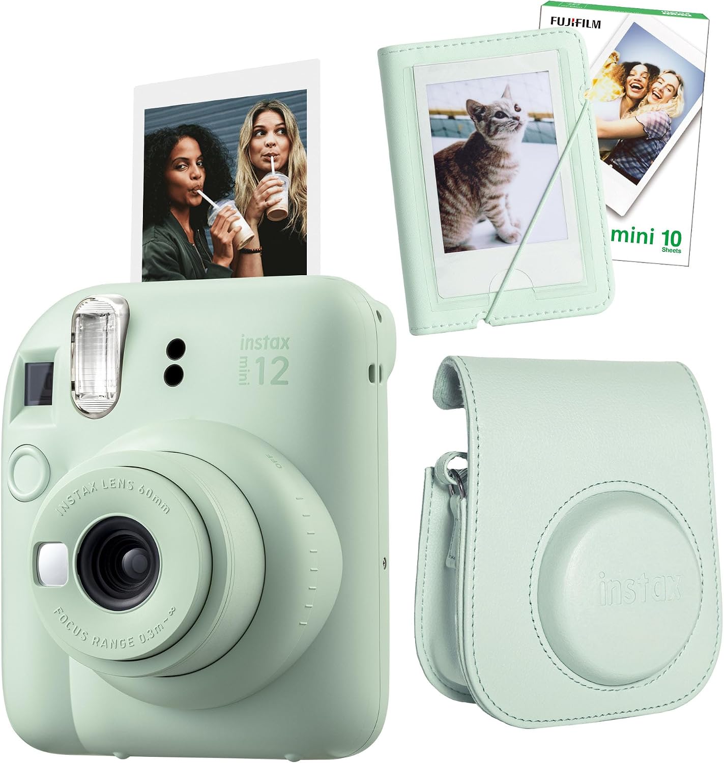 Instax mini 12 Camera-10-Piece Film-Mini Album and Leather Case Set Green