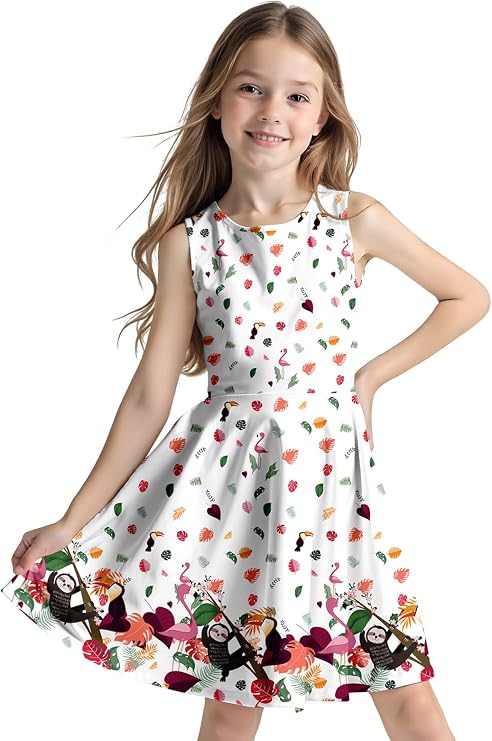 sanatty Sleeveless Summer Dress for Girls, Tropical Print Beach Vacation Sundress for Party and Birthday Gift