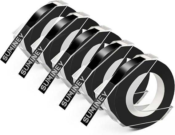 5X Compatible Dymo Embossing Tape 3/8In9.8Ft for Embossing Label Makers | 5x black 3D plastic label tape in 3/8 inch*9.8 feet. Fits Organizer Express Pro, Office Mate II series Dymo machines.