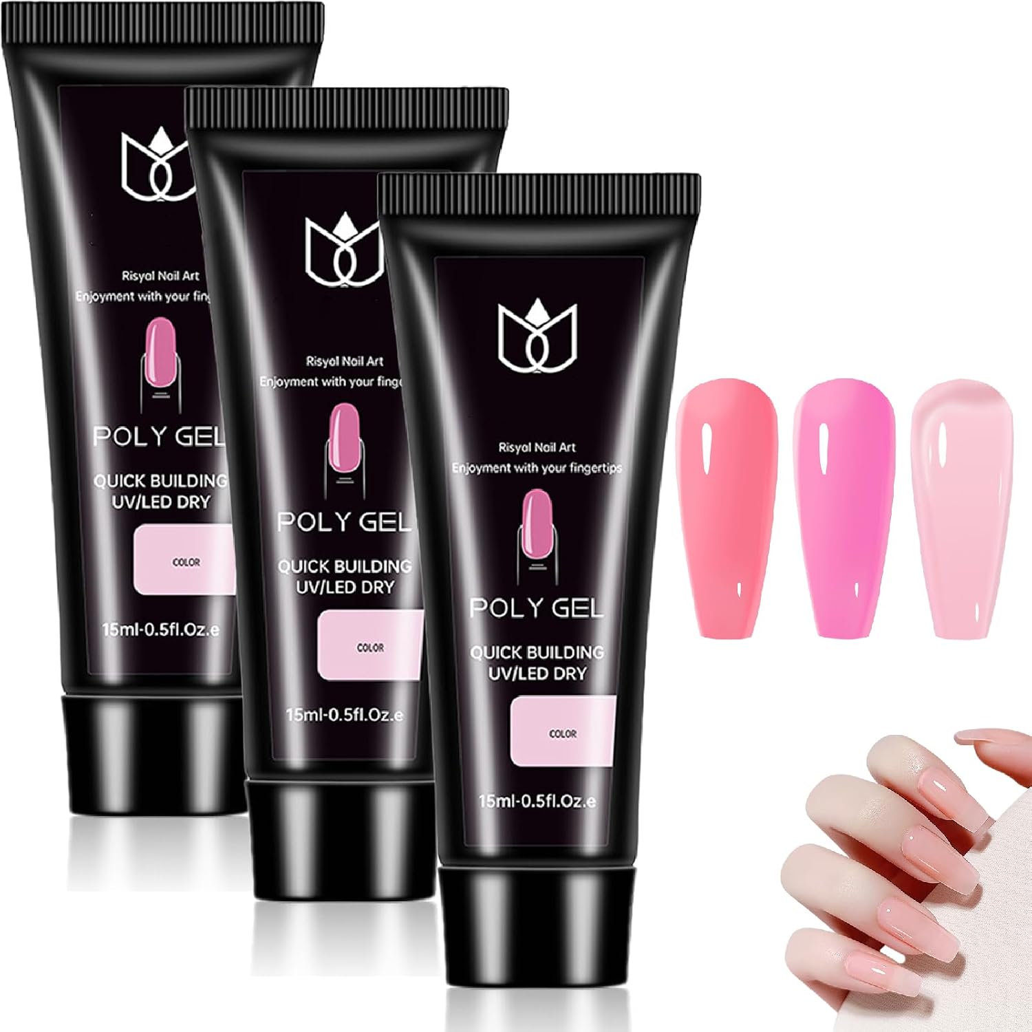3-Pack Polygel Nail Builder Gel Set – Crystal Pink & Pink to Light Red – 15mL Hard Extension Gel for Nail Enhancement & Thickening Long-Lasting Crystal Acrylic Poly G-el for DIY Art