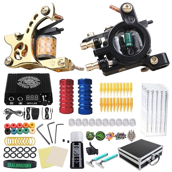 Dragonhawk Complete Tattoo Kit for Beginners 2 Pro Tattoo Machine Tattoo Power Supply Kit Tattoo Inks 20 Tattoo Needles Tips Tattoo Supplies