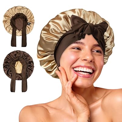 BONNET QUEEN Satin Bonnet Silk Bonnet for Sleeping Women Double Layer Reversible Hair Wrap Adjustable Small Sleep Cap for Curly Hair with Tie Band, BrownGold