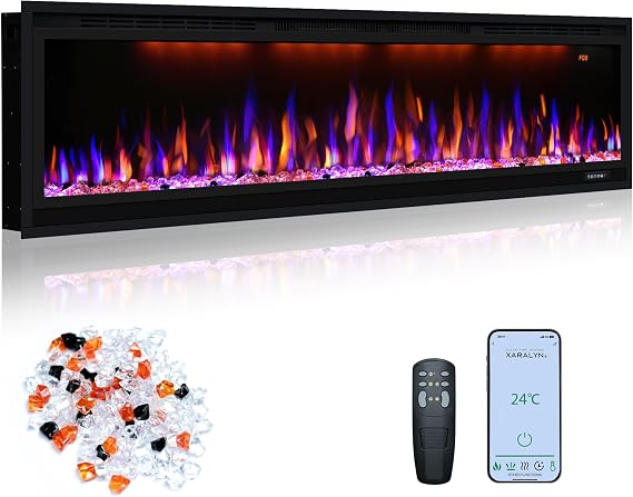 60"/152cm Electric Fireplace, Slim Recessed & Wall Mounted Fireplace Heater w/Remote Control, Multicolor flame effects w/Realistic logs, Thermostat with Timer, 750/1500W, Black