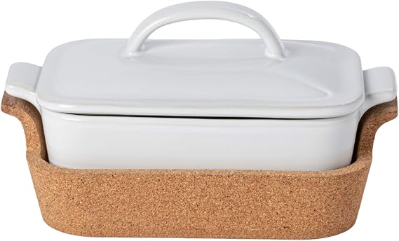 Casafina Ceramic 9.75" x 5.75" Oval Baker with Cork Tray - Ensemble Collection, White | Oven & Microwave Safe Bakeware | Food Safe Glazing | Restaurant Quality Dinnerware
