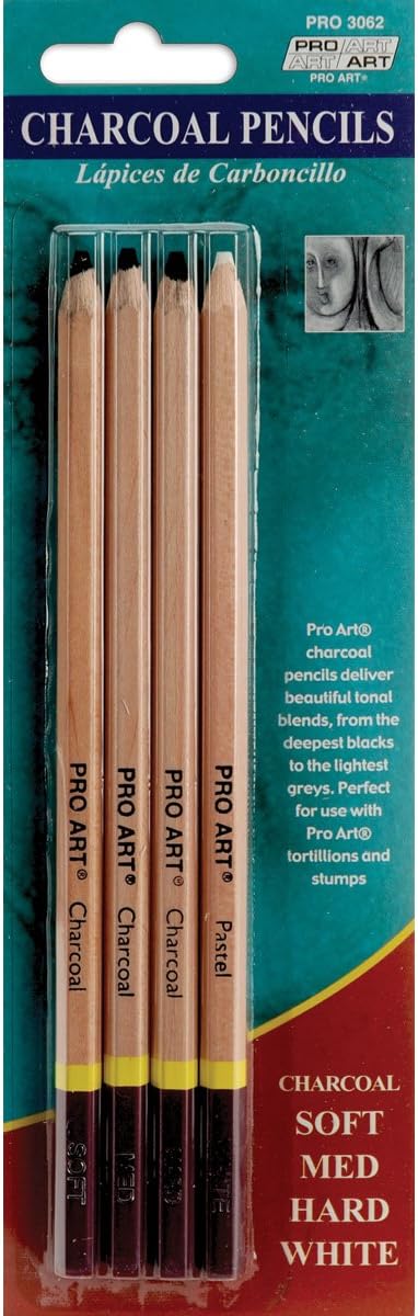 PRO ART Charcoal Pencil Set 3 Degree/White 4pc Carded, Sketching & Drawing Pencils for Artists, Includes Graphite & Charcoal Pencils, Art Pencil Set for Shading & Outlining