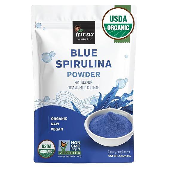 USDA Organic Blue Spirulina Powder (Phycocyanin Extract), No Fishy Smell, 100% Vegan Protein from Blue-Green Algae, 28 Servings, Natural Food Coloring for Smoothies, Baking & Drinks (1 Ounce)