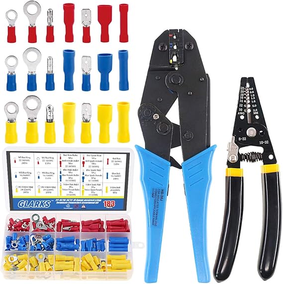 Glarks Professional Self-adjustable Ratchet Wire Crimping Pliers AWG 22-10 and a Wire Stripper Tool Set with 183Pcs Insulated Butt Bullet Spade Ring Crimp Terminals Connectors Assortment Kit