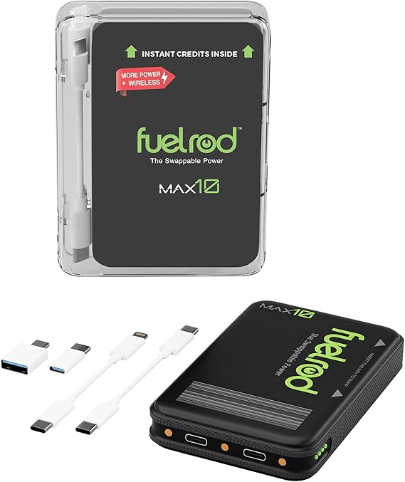 FuelRod MAX10 Swappable Power Charger | 10,000mAh USB-C Battery | High-capacity TSA-friendly travel charger with wireless charging and FuelRod Swappable Power convenience