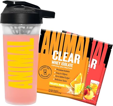 Animal Clear Whey Protein Isolate Sampler Pack - Peach Iced Teach (1 Piece) & Pineapple Orange (1 Piece) + Protein Shaker (1 Piece) - Easily Digestible & Mixable Isoclear - 20 g Protein & 5 g BCAAs
