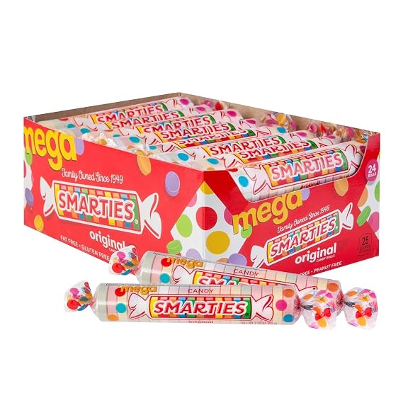 Smarties Candy Mega Rolls - Gluten & Vegan Free - Assorted Flavor Treat - Peanut Free Plant Derived Ingredients - Ideal Halloween Candy - Individually Wrapped - 54oz per Box (Pack of 1)
