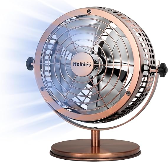 HOLMES 6" Heritage Table Fan, 2 Speeds, 4 Blades, Adjustable 145 Head Tilt, Metal Construction, Ideal for Home, Bedrooms, Dorm Rooms or Office, Brushed Copper