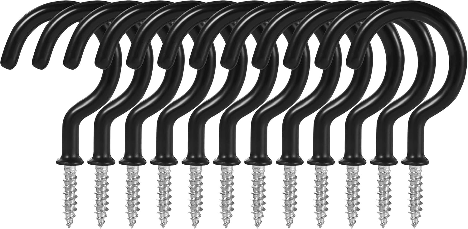 2 Inch Ceiling Hooks, Vinyl Coated Screw-in Cup Hook for Hanging Plants, Lights, Mugs - Heavy Duty Indoor Outdoor Use, Metal Wall Kitchen Hanger, Black 12 Pack