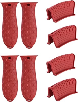 8 Pieces Silicone Hot Tool Holder Heat Resistant Potholder Cookware Handle Non Slip Rubber Pot Holders Handles Grip Covers for Cast Iron Skillet Silicone Cooking Kitchen Suits Red