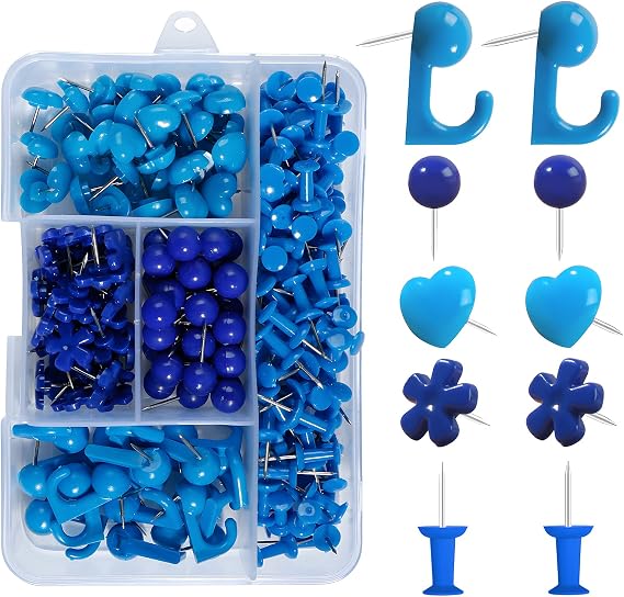 VAPKER 215Pcs Blue Push Pins Set,Hook Push Pins,Round Head Map Tacks,Flat Flower Thumb Tacks,Heart Shape Push Pins,Standard Push Pins Plastic Head with Steel Point